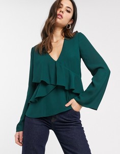 Лонгслив с V-образным вырезом и оборками ASOS DESIGN-Зеленый