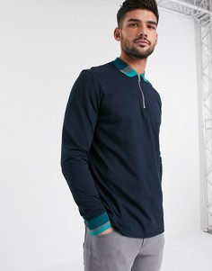 Поло с длинными рукавами и воротником на молнии ASOS DESIGN-Темно-синий