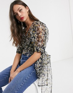 Топ из органзы с цветочным принтом, запахом и объемными рукавами ASOS DESIGN-Мульти