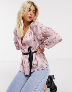 Атласный лонгслив с цветочным принтом и контрастным поясом ASOS DESIGN-Мульти