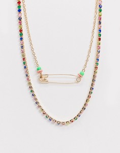 Золотистое ожерелье в несколько рядов с английской булавкой и разноцветными кристаллами ASOS DESIGN-Золотой