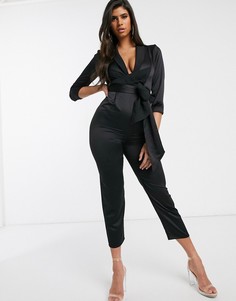 Атласный комбинезон-смокинг с запахом ASOS DESIGN-Черный