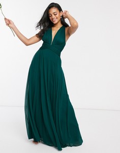 Платье макси со сборками на лифе, драпировкой и запахом на поясе ASOS DESIGN Bridesmaid-Зеленый