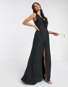 Платье макси для подружки невесты с драпированным вырезом и пуговицами на спине ASOS DESIGN-Черный