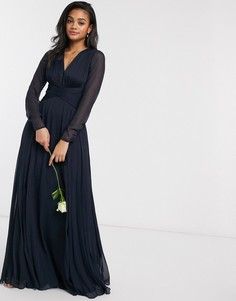 Платье макси с присборенной талией и длинными рукавами ASOS DESIGN Bridesmaid-Темно-синий