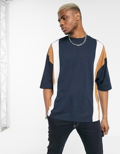 Темно-синяя oversize-футболка колор блок с укороченными рукавами ASOS DESIGN-Темно-синий