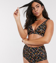 Черный бикини-топ с глубоким вырезом и цветочным принтом Monki