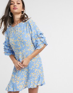 Голубое платье мини с цветочным принтом и оборками на рукавах Faithfull-Синий