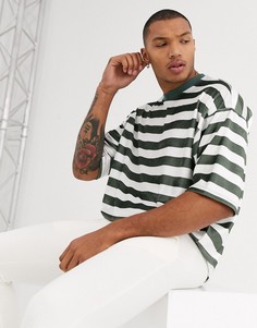 Велюровая oversized-футболка в полоску цвета хаки ASOS DESIGN-Зеленый