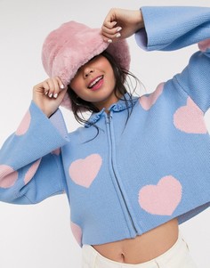 Короткий кардиган на молнии с рюшами и контрастными сердечками Lazy Oaf-Синий
