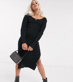 Трикотажное платье миди в рубчик с овальным вырезом ASOS DESIGN Petite-Черный