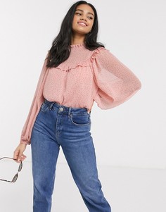 Розовая блузка в горошек с оборками New Look-Розовый