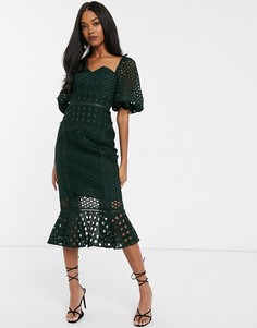 Кружевное структурированное платье миди с пышными рукавами ASOS DESIGN-Зеленый