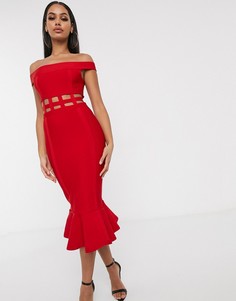 Облегающее премиум-платье миди с открытыми плечами и баской ASOS DESIGN-Желтый