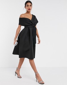 Черное платье миди для выпускного со спущенным плечом и поясом ASOS DESIGN-Черный