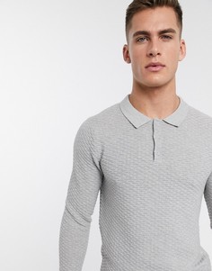 Серое фактурное поло с длинными рукавами Jack & Jones Premium-Серый