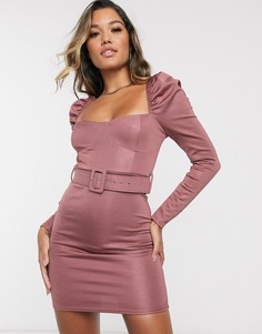 Платье мини с длинными рукавами и поясом ASOS DESIGN-Розовый