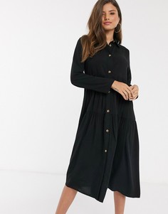 Черное ярусное платье-рубашка миди свободного кроя ASOS DESIGN-Черный