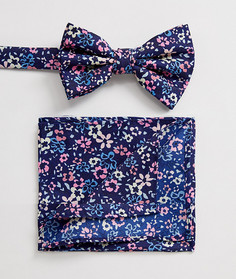 Темно-синий галстук-бабочка и платок для пиджака с цветочным принтом ASOS DESIGN - wedding
