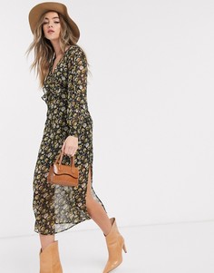 Платье миди с оборками и цветочным принтом Topshop-Мульти