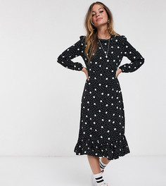 Черное платье мидакси в горошек с присборенной отделкой на плечах New Look Petite-Черный