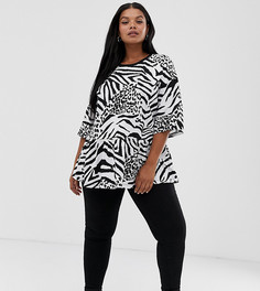 Свободный топ со смешанным монохромным звериным принтом ASOS DESIGN Curve-Черный
