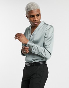 Зеленая атласная рубашка классического кроя с шалевым воротником ASOS DESIGN-Зеленый