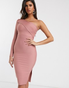 Бандажное премиум-платье на одно плечо ASOS DESIGN-Бежевый