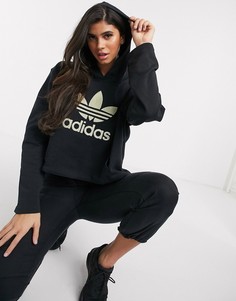 Черный короткий худи с трилистником adidas Originals