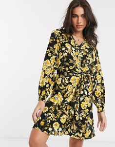 Платье мини с поясом и цветочным принтом желтого цвета Vila-Черный