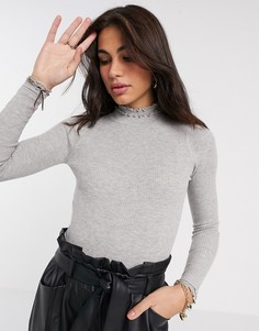 Серый джемпер с высокой горловиной и оборками River Island