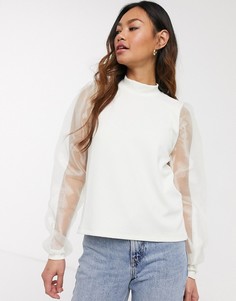 Белый топ с высоким воротником и рукавами из органзы Pieces