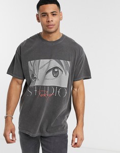 Серая oversized-футболка с принтом New Look-Серый