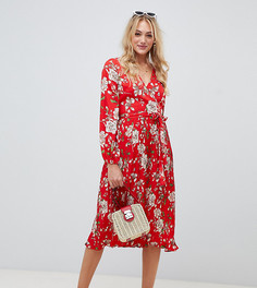 Платье миди с плиссированной юбкой, поясом и цветочным принтом Influence Tall-Красный