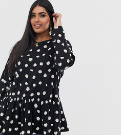 Свободный топ с длинными рукавами и мелким цветочным принтом ASOS DESIGN Curve-Черный