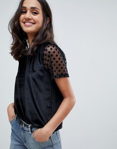 Бархатный топ с отделкой в горошек на рукавах ASOS DESIGN-Черный
