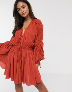 Хлопковое платье мини рыжего цвета со шнурками ASOS DESIGN-Красный