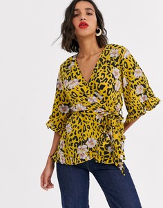 Блузка с запахом, цветочным и звериным принтом AX Paris-Желтый