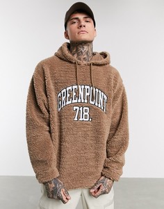 Коричневый oversized-худи из искусственного меха с вышивкой ASOS DESIGN