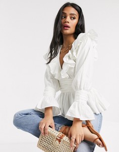 Лонгслив с V-образным вырезом и оборками ASOS DESIGN-Белый