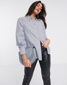 Синяя рубашка бойфренда с пышными рукавами и жемчужной отделкой River Island-Синий
