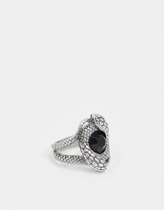 Серебристое кольцо в форме змеи с черным камнем ASOS DESIGN-Серебряный