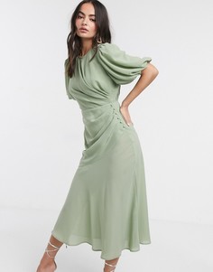 Шалфейно-зеленое платье макси в клетку с пышными рукавами ASOS DESIGN-Зеленый