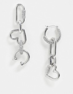 Серебристые серьги с цепочками и сердечками ASOS DESIGN-Серебряный