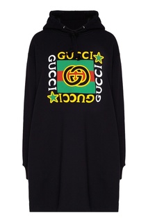 Платье с капюшоном и винтажным принтом Gucci