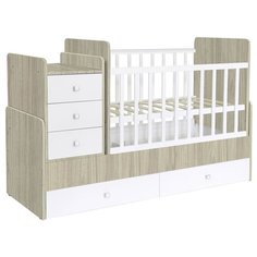 Кроватка Polini Simple 1100 с комодом (трансформер), поперечный маятник вяз/белый