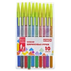 Action! Набор шариковых ручек, матовый корпус, 10 цветов (ABP1002), разноцветный цвет чернил