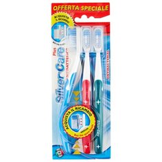 Зубная щетка Silver Care Plus Дельфин, средняя жесткость, зеленый/красный/голубой, 3 шт.