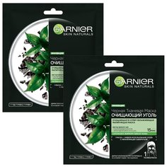 GARNIER черная тканевая маска Очищающий Уголь + Листья Черного чая, 28 г, 2 шт.