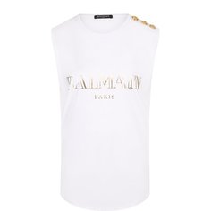 Хлопковый топ с круглым вырезом и логотипом бренда Balmain